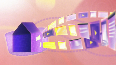 Keeping Children Safe Online A stylised purple house with floating, colourful digital content around it.