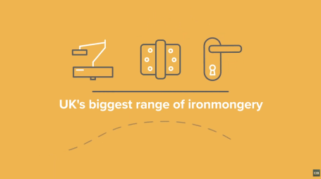 Ironmongery Direct Text promoting the UK's largest range of ironmongery on a yellow background.