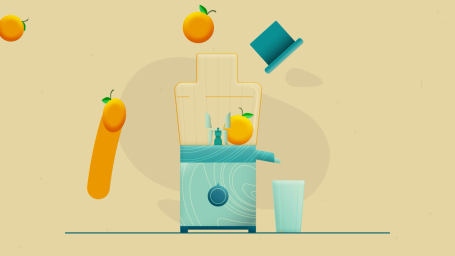 Managing Contractors A blender with oranges and a cup, set against a yellow background.