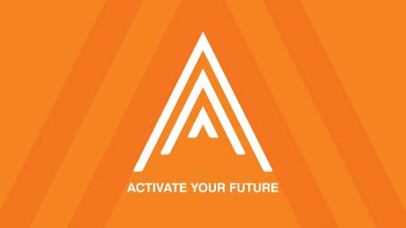Activate your future White triangular logo on an orange background with the text "Activate Your Future."