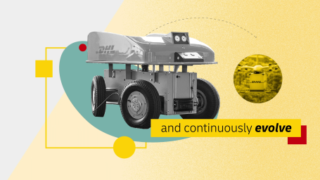 DHL Leadership Teaser A robot on wheels beside a decorative circular element and text about evolution.