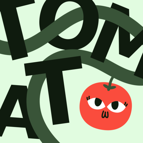 Tomato Red tomato character with eyes among the letters spelling "TOMATO" on a light background.