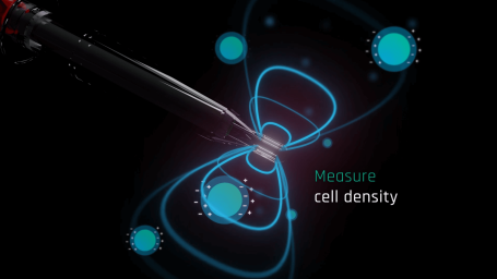 Aber Neo Diagram illustrating cell density measurement with blue circles and a red instrument.