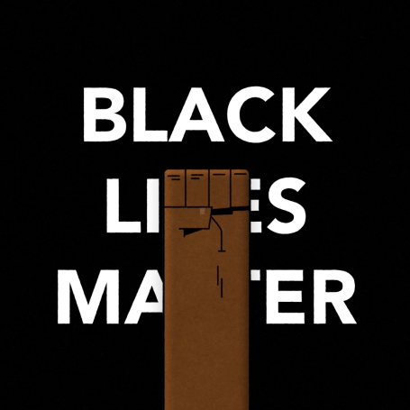 Black Lives Matter Raised fist in front of the words "Black Lives Matter" on a black background.