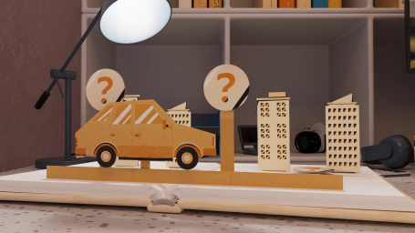 Employee Background Checks Wooden model of a car with question mark signs and miniature buildings on a desk.