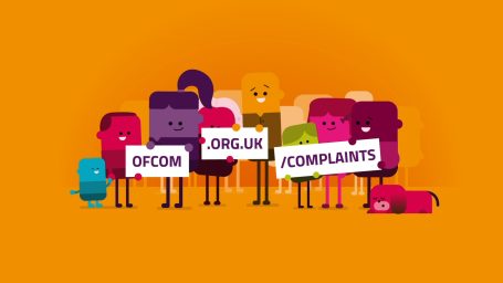 OfCom Colourful characters holding signs with the words "Ofcom" and "Complaints" on an orange background.