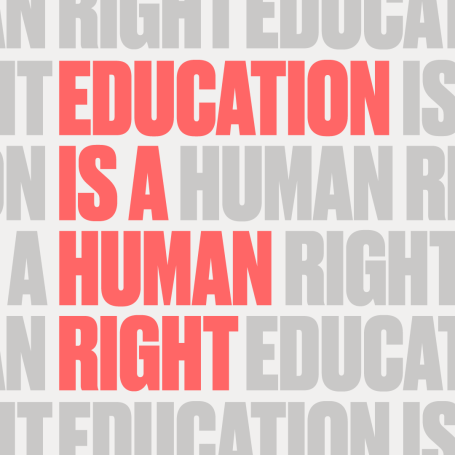 Education is a Human Right Text graphic stating "Education is a human right" in bold red against a grey background.